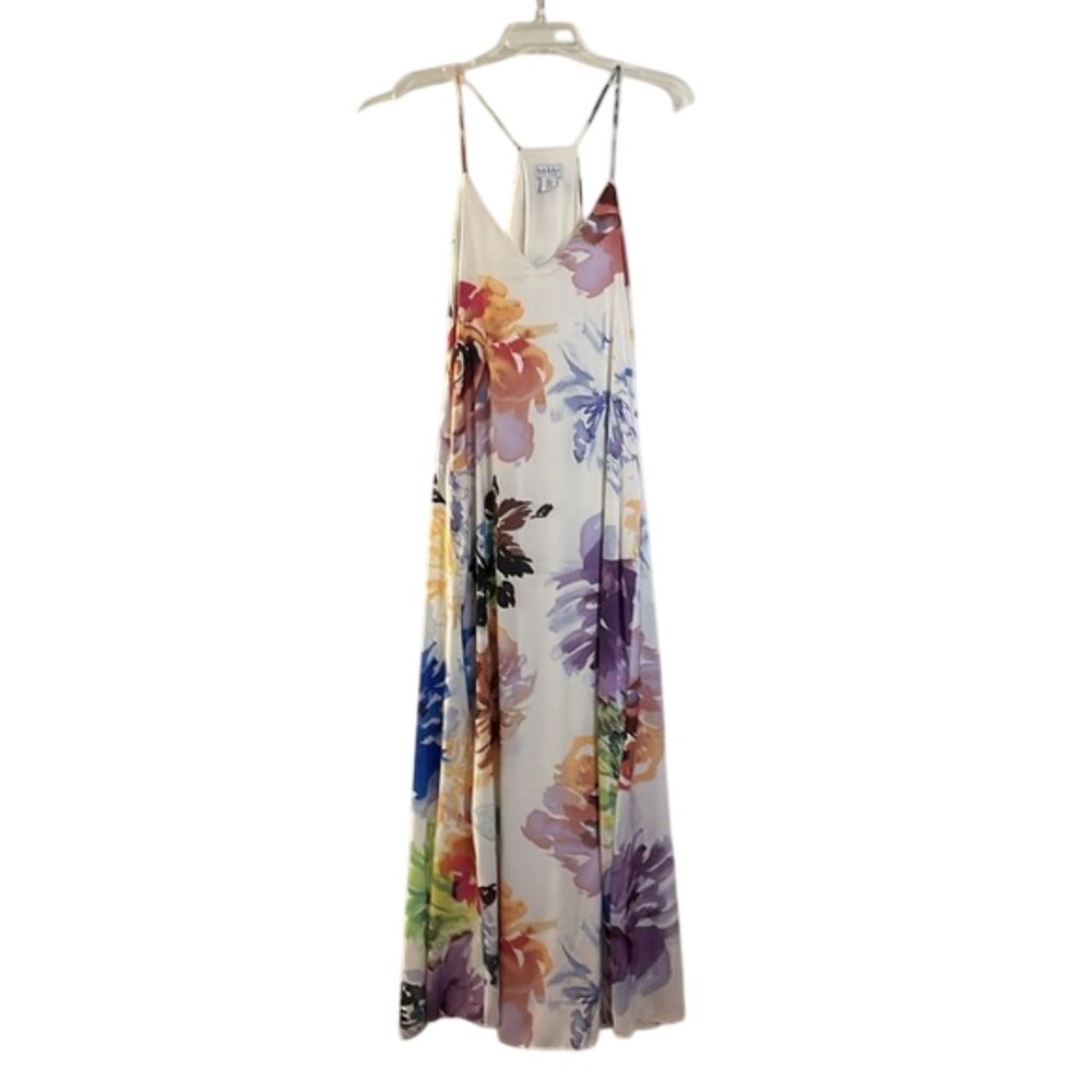 Nicole Miller Cream Satin Floral Multicolor Maxi Dress Womens Size 8 NEW